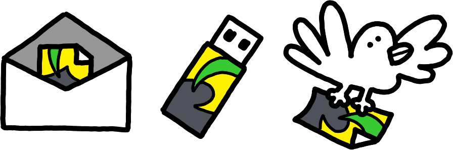 An envelope with a Willow-flavoured file inside. A Willow-flavoured USB stick. A bird carrying a Willow-flavoured file.